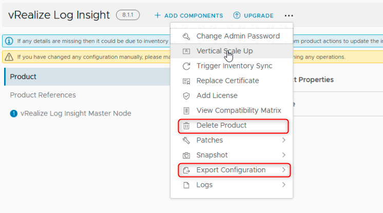 Export and Delete options for a vRealize Product